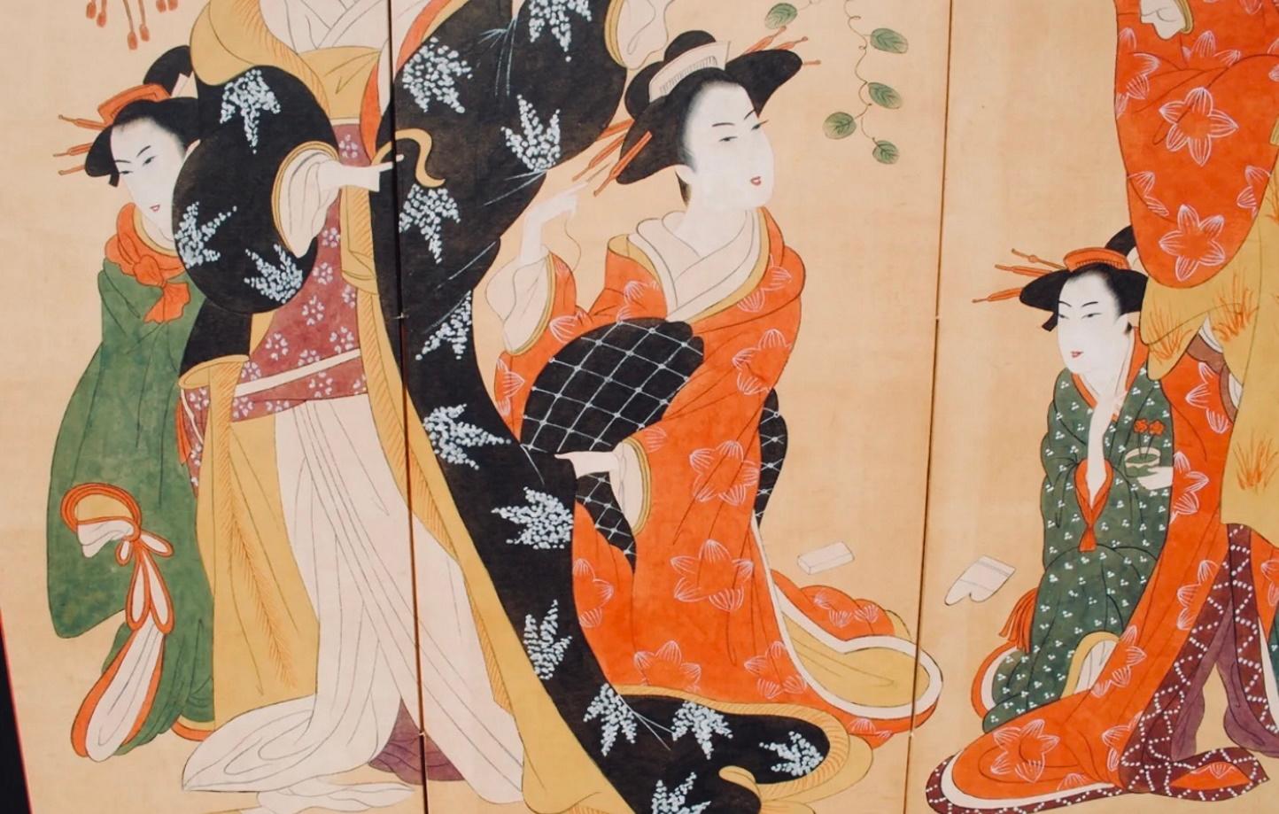 Fine Japanese Art Deco Ukiyo-e Style 4-Panel Screen with Six Geishas, Ca. 1920 1