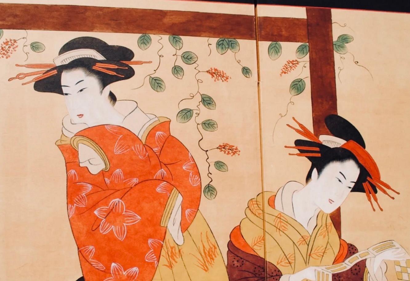 Fine Japanese Art Deco Ukiyo-e Style 4-Panel Screen with Six Geishas, Ca. 1920 2