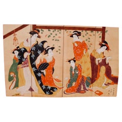 Fine Japanese Art Deco Ukiyo-e Style 4-Panel Screen with Six Geishas, Ca. 1920