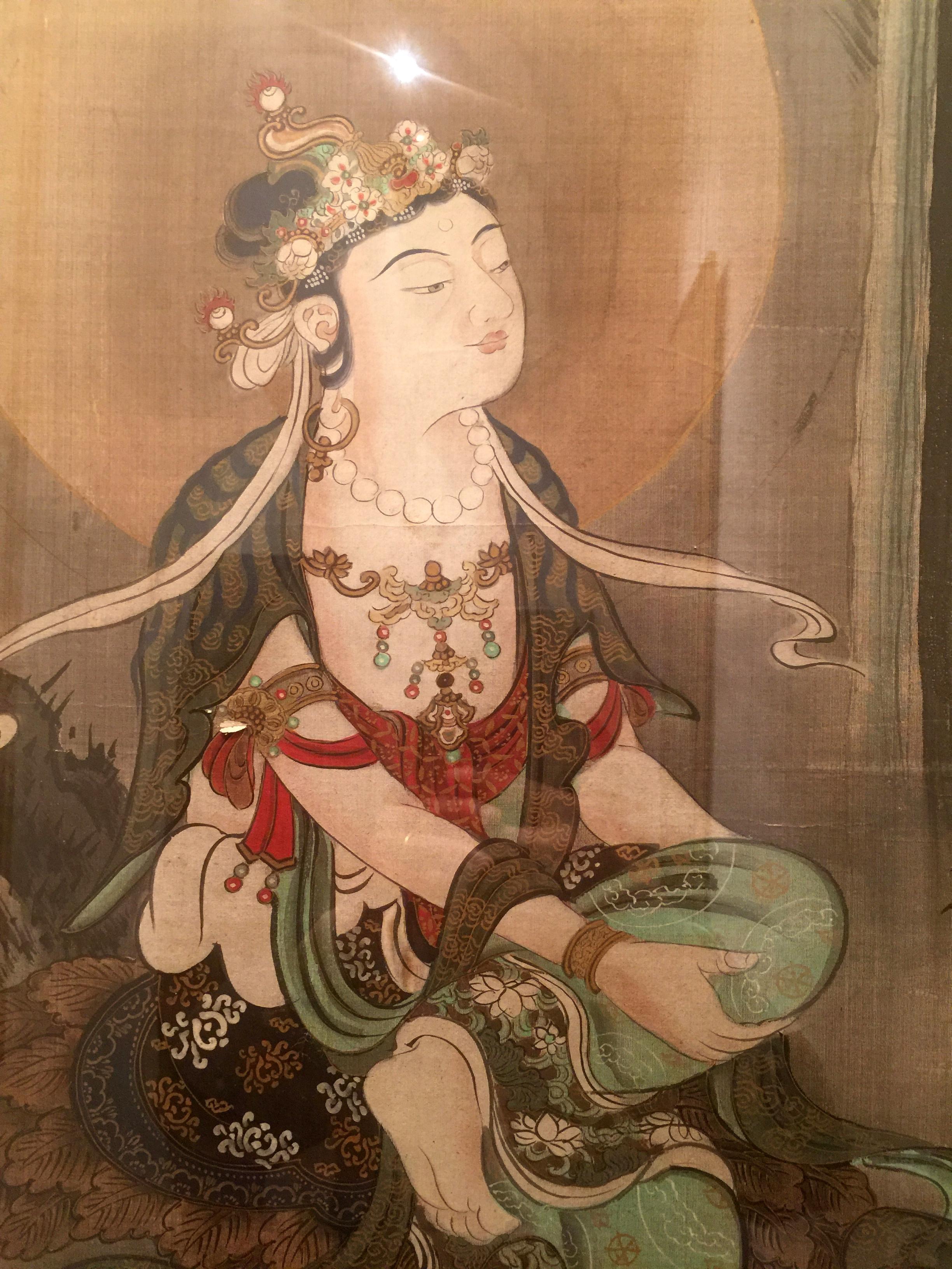 Painted Fine Framed Japanese Brush Painting of Bodhisattva For Sale