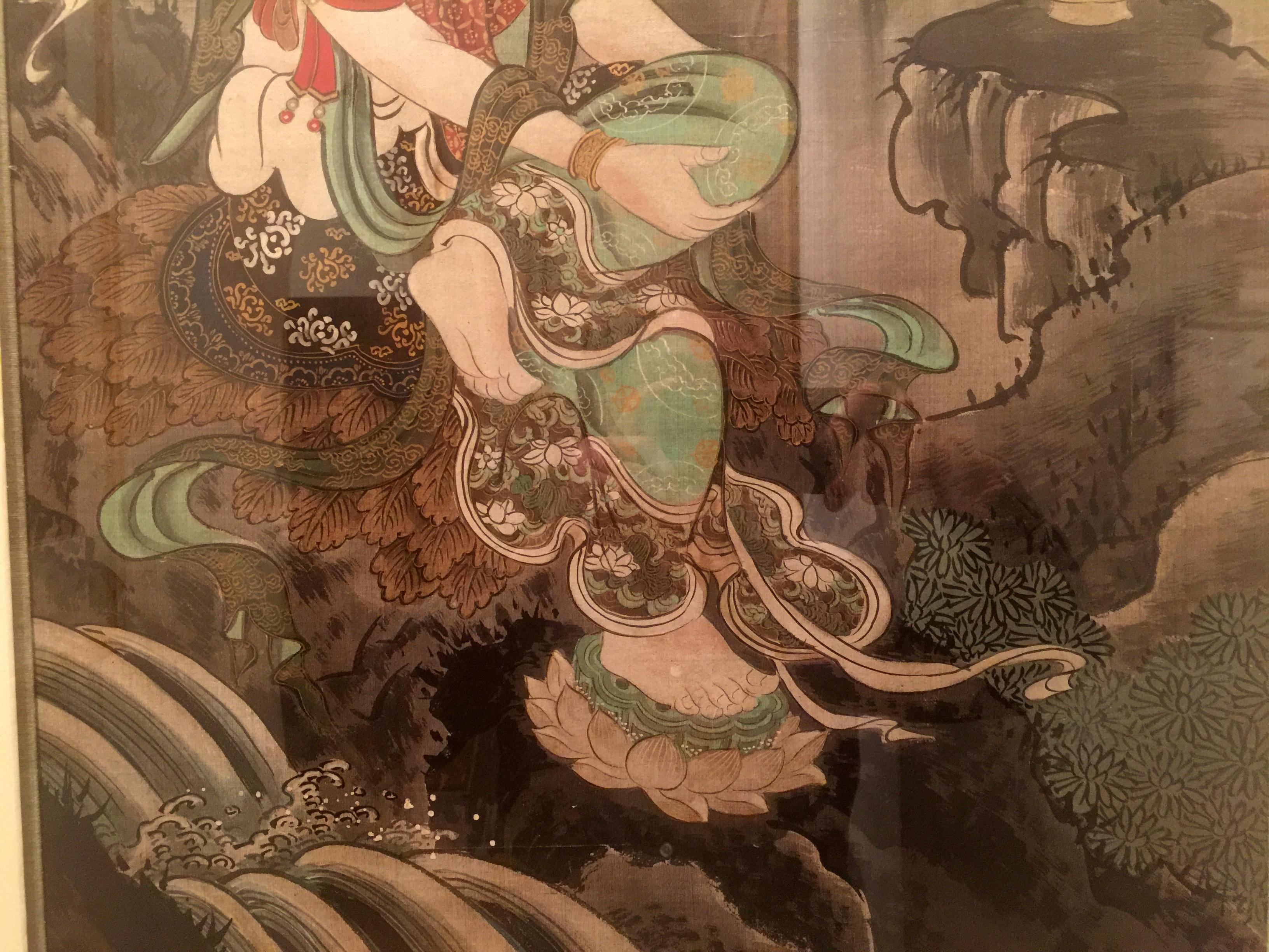 19th Century Fine Framed Japanese Brush Painting of Bodhisattva For Sale