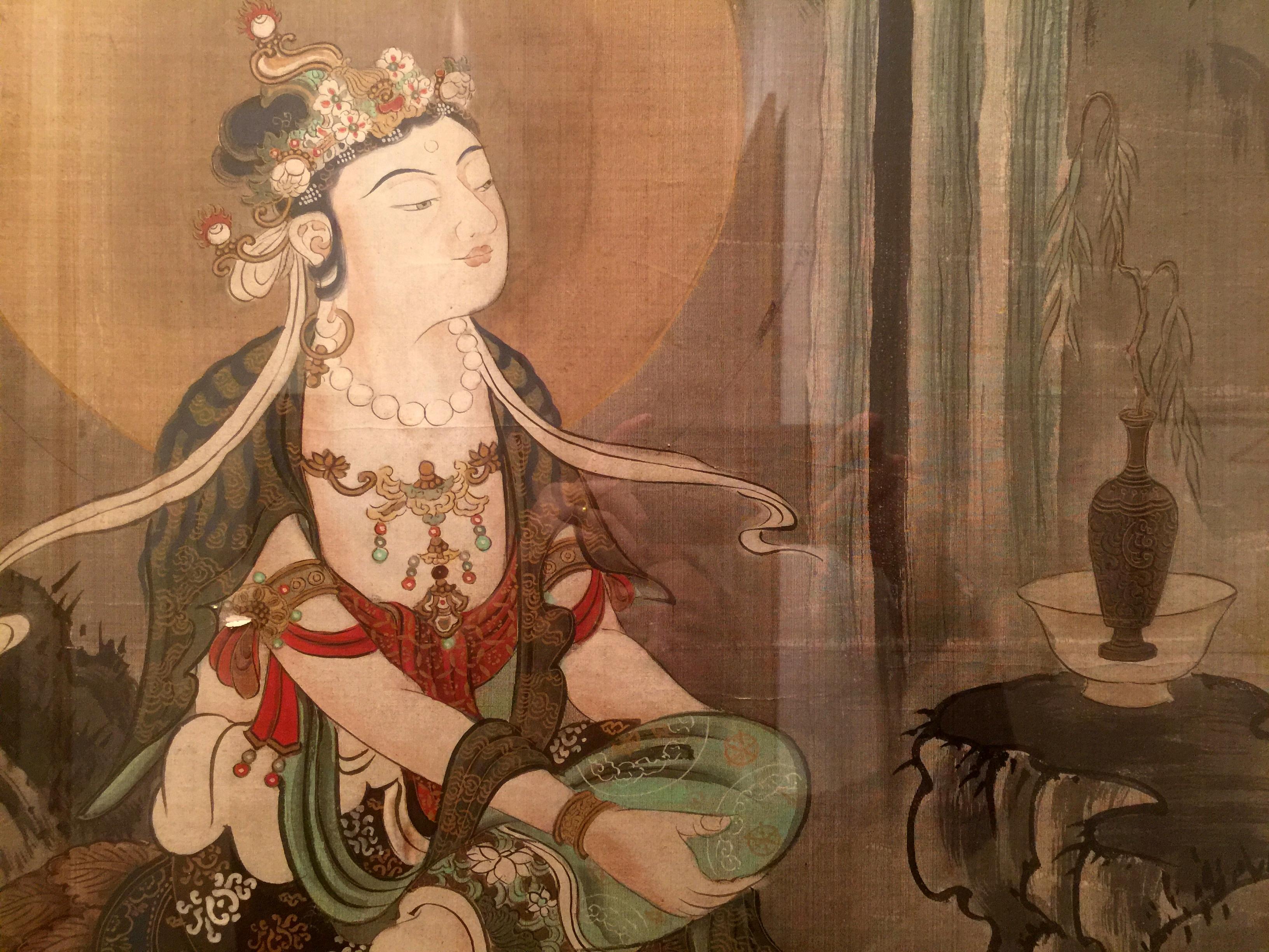 Silk Fine Framed Japanese Brush Painting of Bodhisattva For Sale