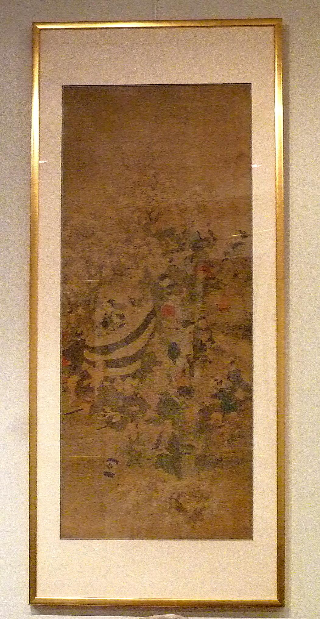 Fine Japanese brush painting of cherry blossom festival, ink and color on silk, 19th century, museum conservation framed.
Overall size: 68
