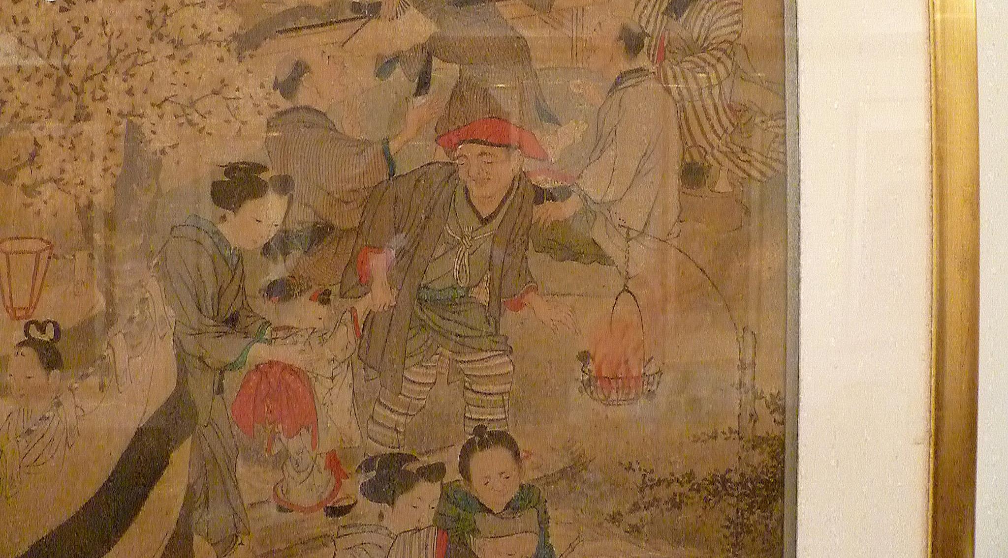 Late 19th Century Fine Japanese Brush Painting of Cherry Blossom Festival For Sale