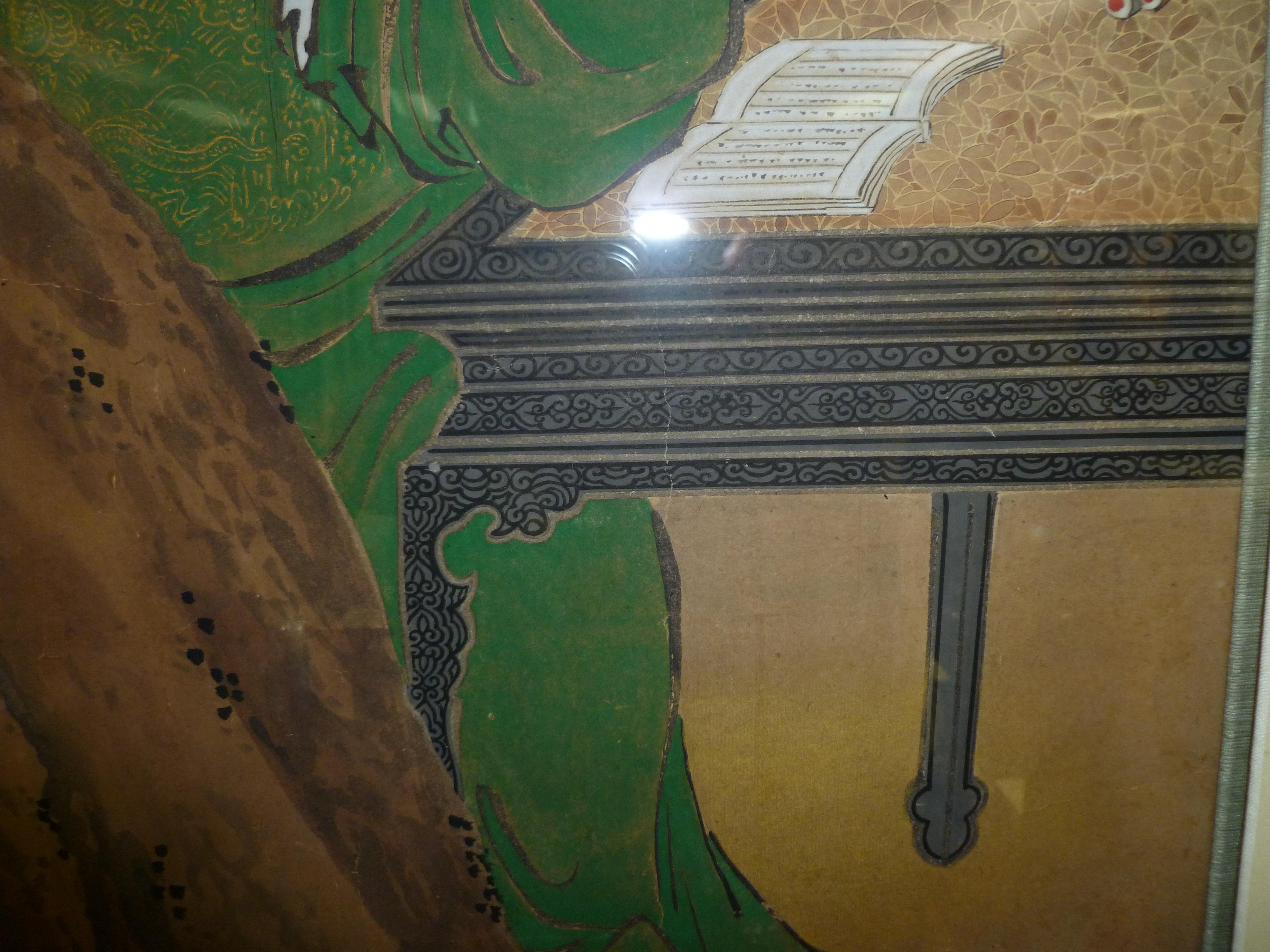 Silk Fine Japanese Brush Painting of Guan Di, Conservation Framed For Sale