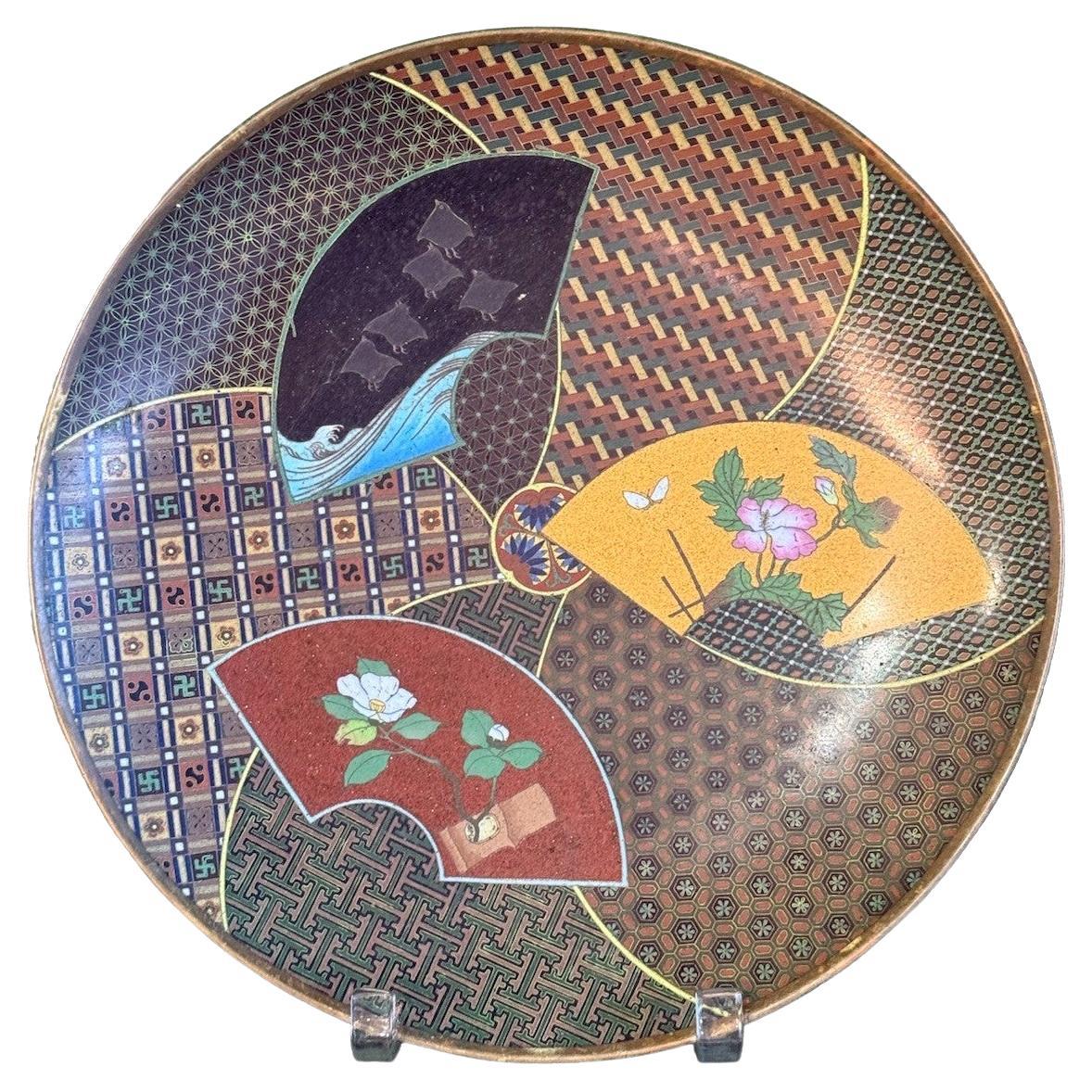 Fine Japanese Cloisonne Enamel Fan Design Plate with Tokugawa Mon by Goto