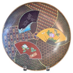 Fine Japanese Cloisonne Enamel Fan Design Plate with Tokugawa Mon by Goto