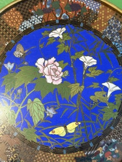 Fine Japanese Cloisonne Enamel Plate with Butterflies Morning Glories Goto