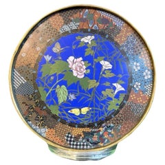 Fine Japanese Cloisonne Enamel Plate with Butterflies Morning Glories Goto