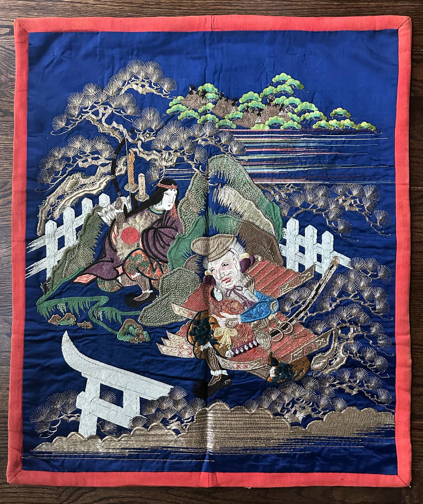 A Japanese silk embroidery Fukusa panel circa 1890-1910s toward the end of Meiji Period. The spectacular needlework on this piece is a tour-de-force showcasing a scene from Kabuki theater with the finest techniques and workmanship. On the deep blue