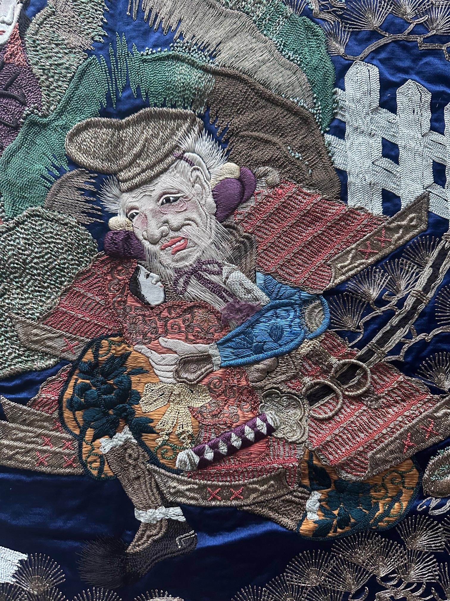 Fine Japanese Embroidery Silk Fukusa Kabuki Story Meiji Period In Good Condition For Sale In Atlanta, GA