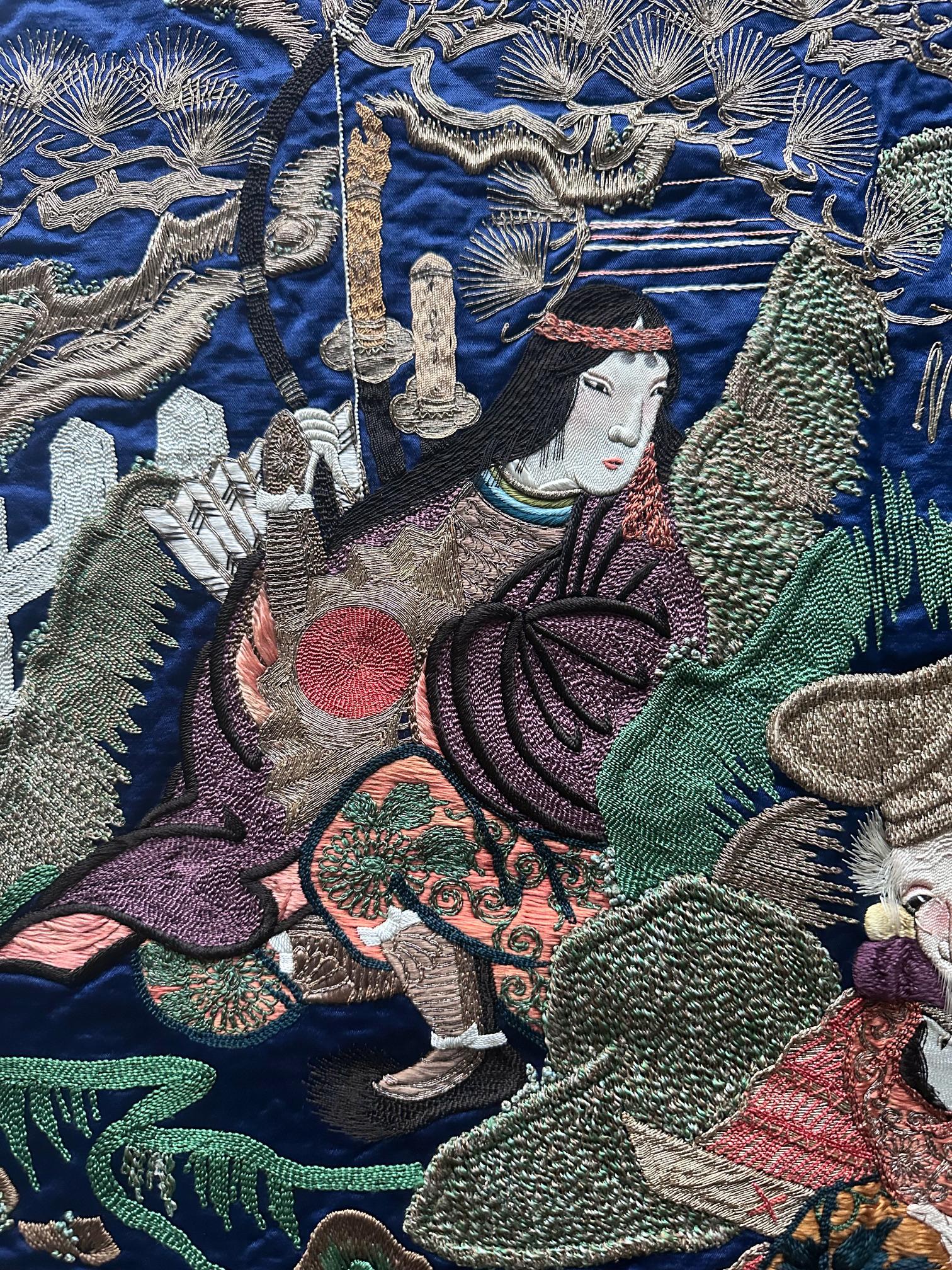 Late 19th Century Fine Japanese Embroidery Silk Fukusa Kabuki Story Meiji Period For Sale