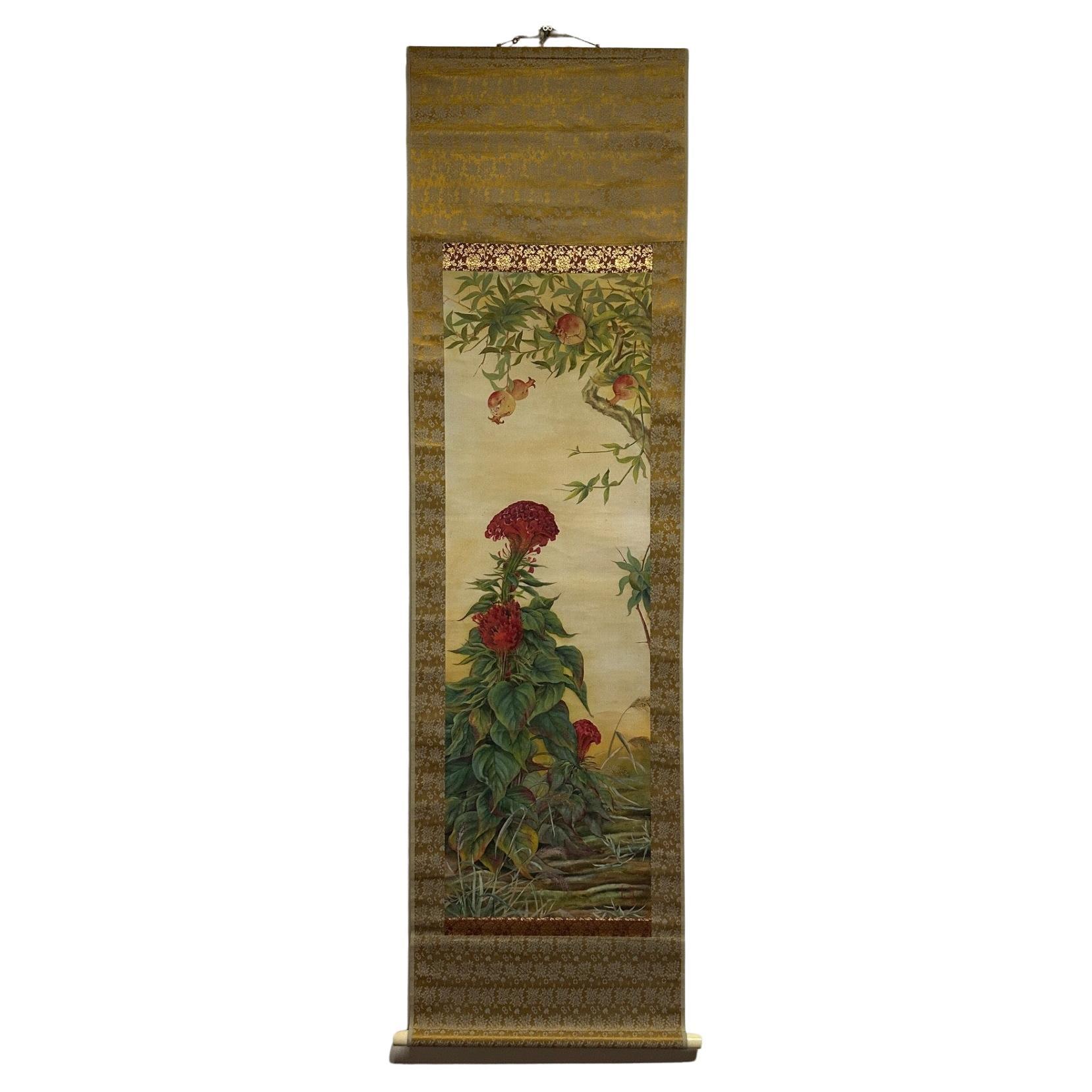 Fino Pergamino de Pintura Floral Japonesa, Periodo Taisho, Principios del Siglo XX