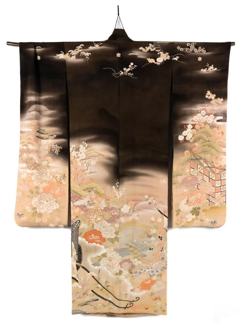 A fine Japanese Kuro Tomesode Kimono, circa 1930s. It is overall black decorated with a landscape filled with pavilions amongst flowering trees and a resting royal cart. Kuro Tomesode is a dress for married woman for the most formal occasions,