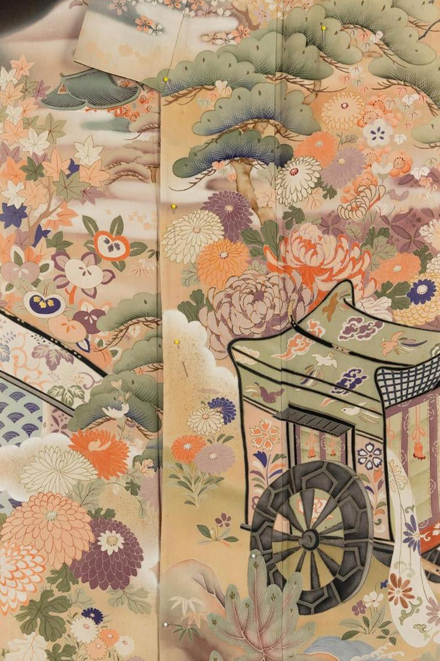 Japonisme Fine Japanese Formal Black Silk Kimono with Yuzen Design