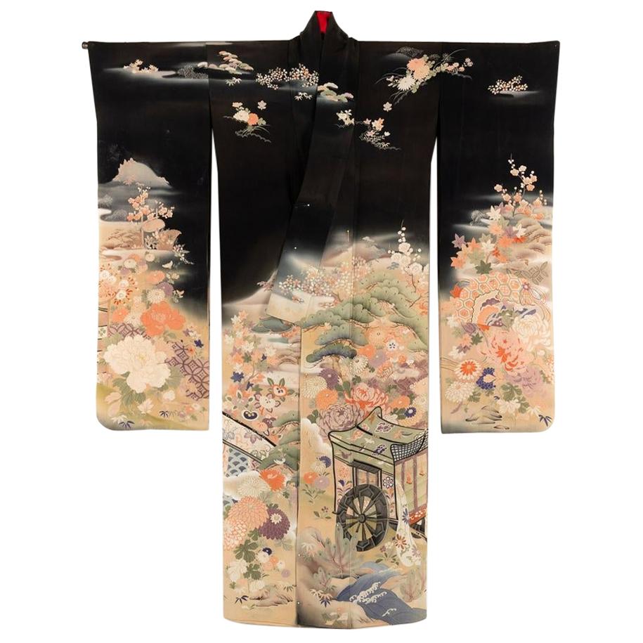 Fine Japanese Formal Black Silk Kimono with Yuzen Design