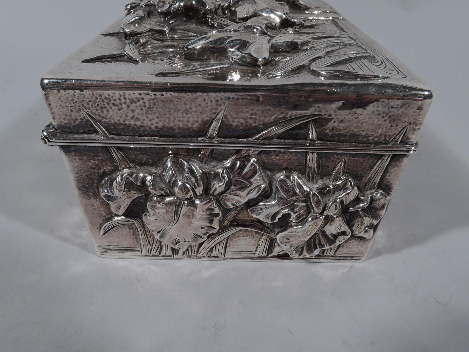 Meiji Fine Japanese Hand-Hammered Silver Box with Irises