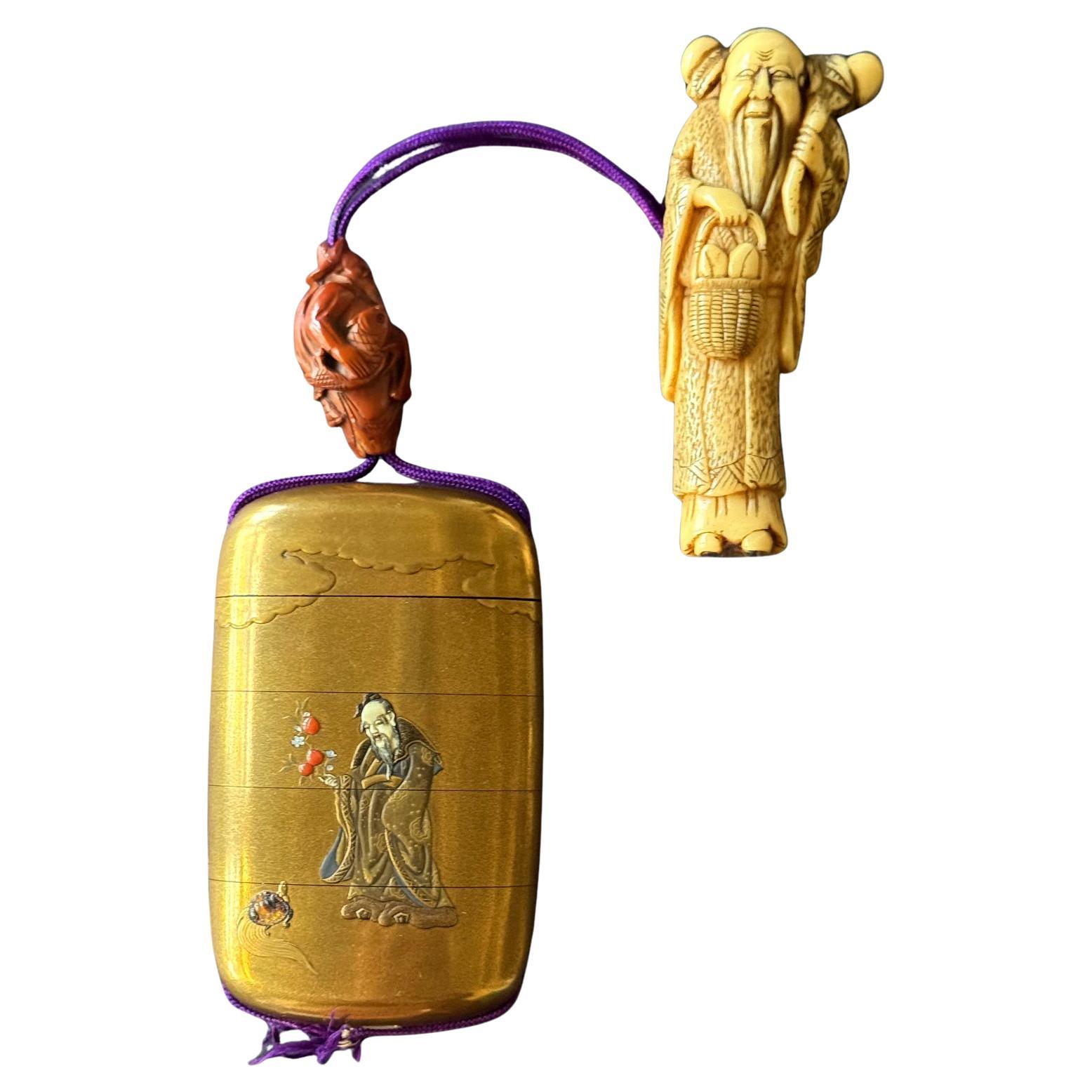 Inro japonais de qualité avec Maki-e et incrustations de Shokasai et Shibayama