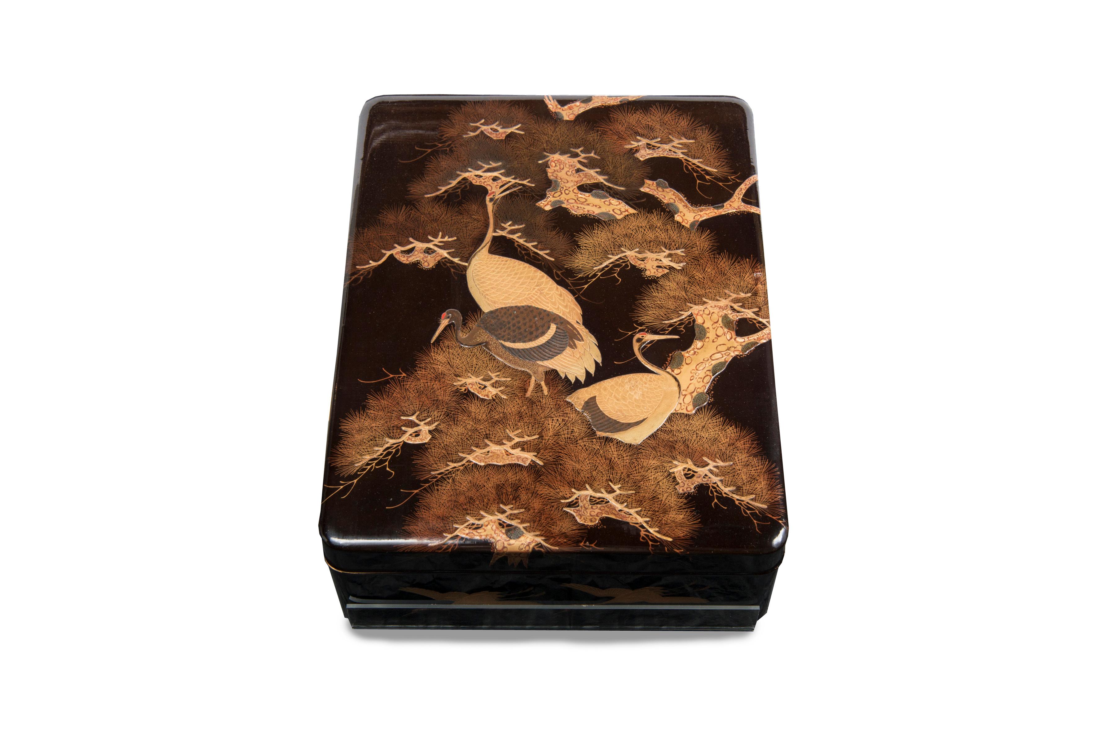 Lacquered Fine Japanese Lacquer Cranes and Pine Trees Ryoshibako - Paper Box