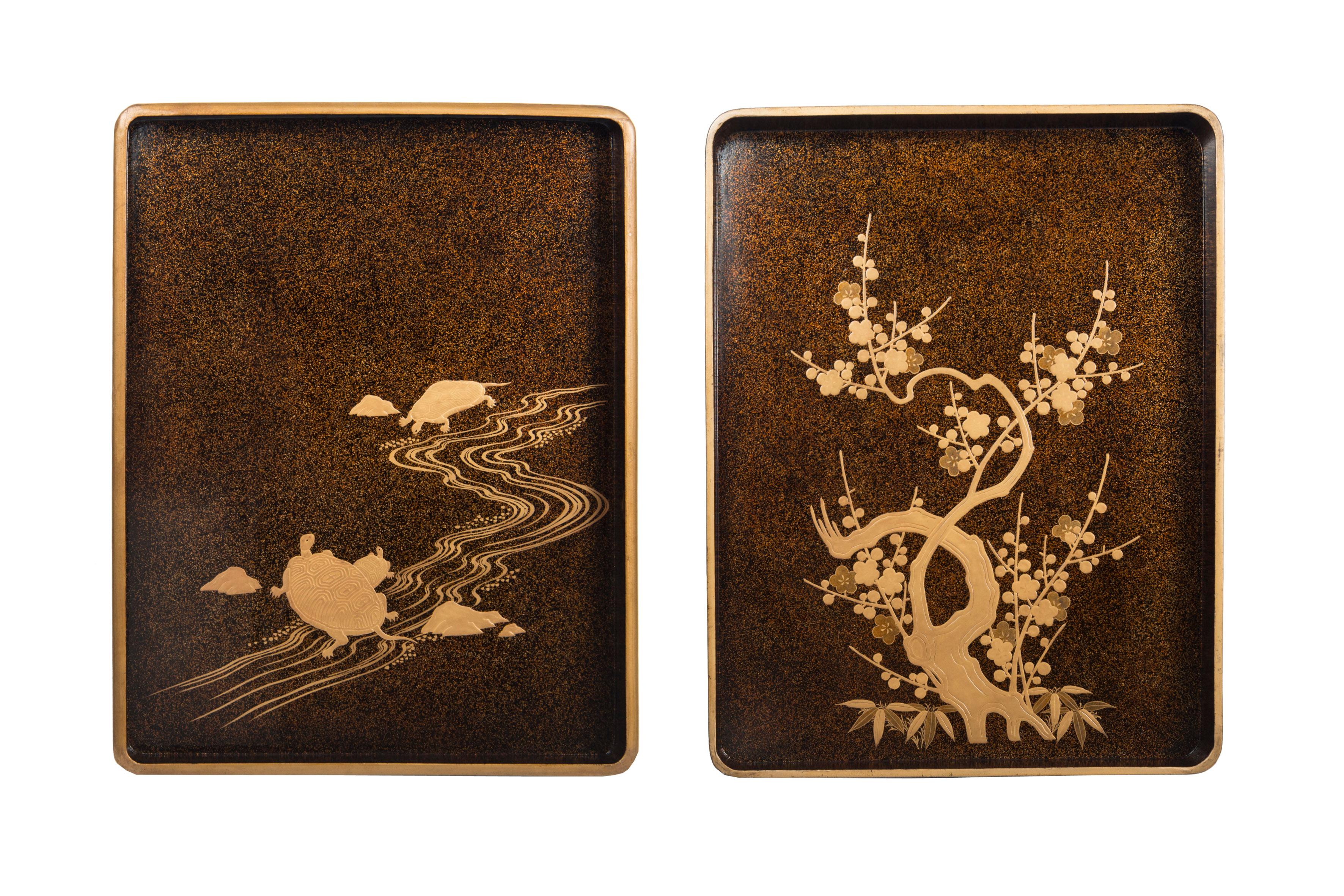 19th Century Fine Japanese Lacquer Cranes and Pine Trees Ryoshibako - Paper Box