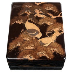 Fine Japanese Lacquer Cranes and Pine Trees Ryoshibako - Paper Box