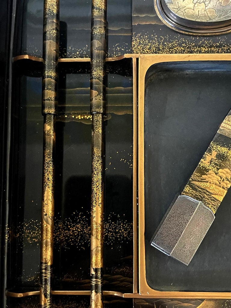 Fine Japanese Lacquer Fujiyama Makie Suzuribako with Complete Writing