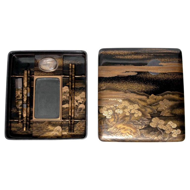 Fine Japanese Lacquer Fujiyama Makie Suzuribako with Complete Writing