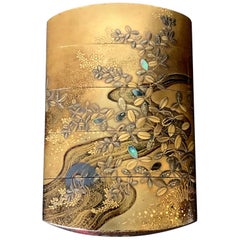 Antique Fine Japanese Lacquered Inro with Inlays by Kajikawa