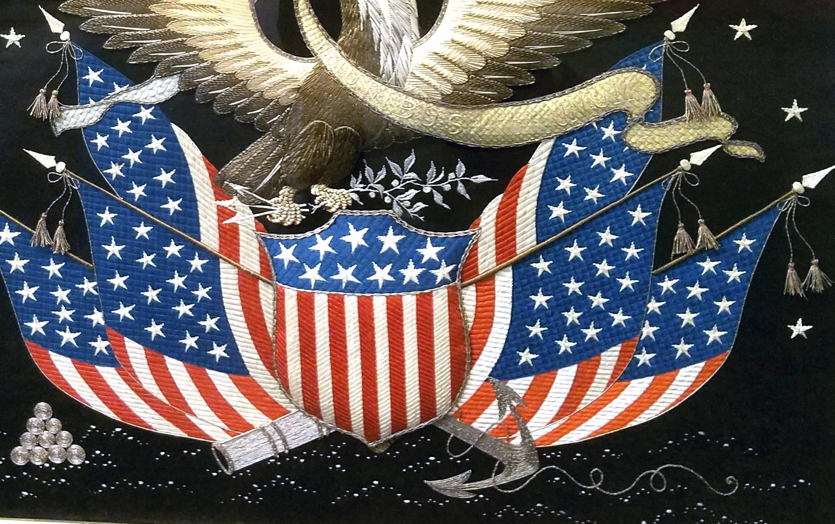 American Colonial Fine Japanese Large American Eagle and Stars and Stripes Silkwork Picture