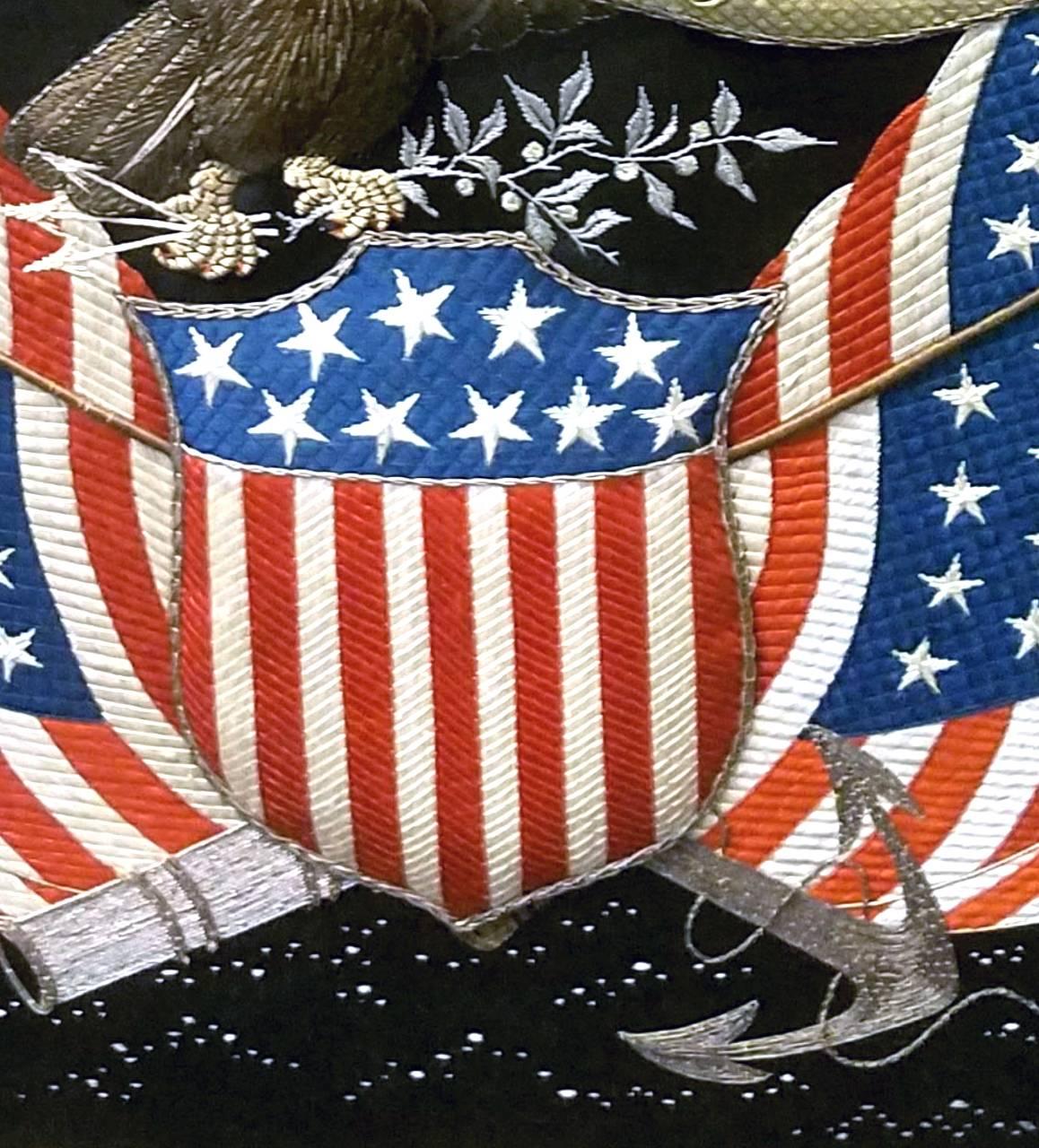 Fine Japanese Large American Eagle and Stars and Stripes Silkwork Picture In Excellent Condition In Downingtown, PA