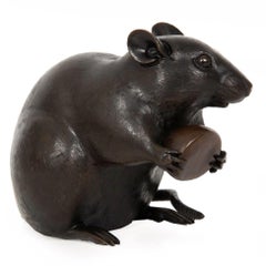 Fine Japanese Meiji Bronze Okimono Sculpture of a Rat with Chestnut