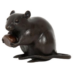 Fine Japanese Meiji Bronze Okimono Sculpture of a Rat with Chestnut