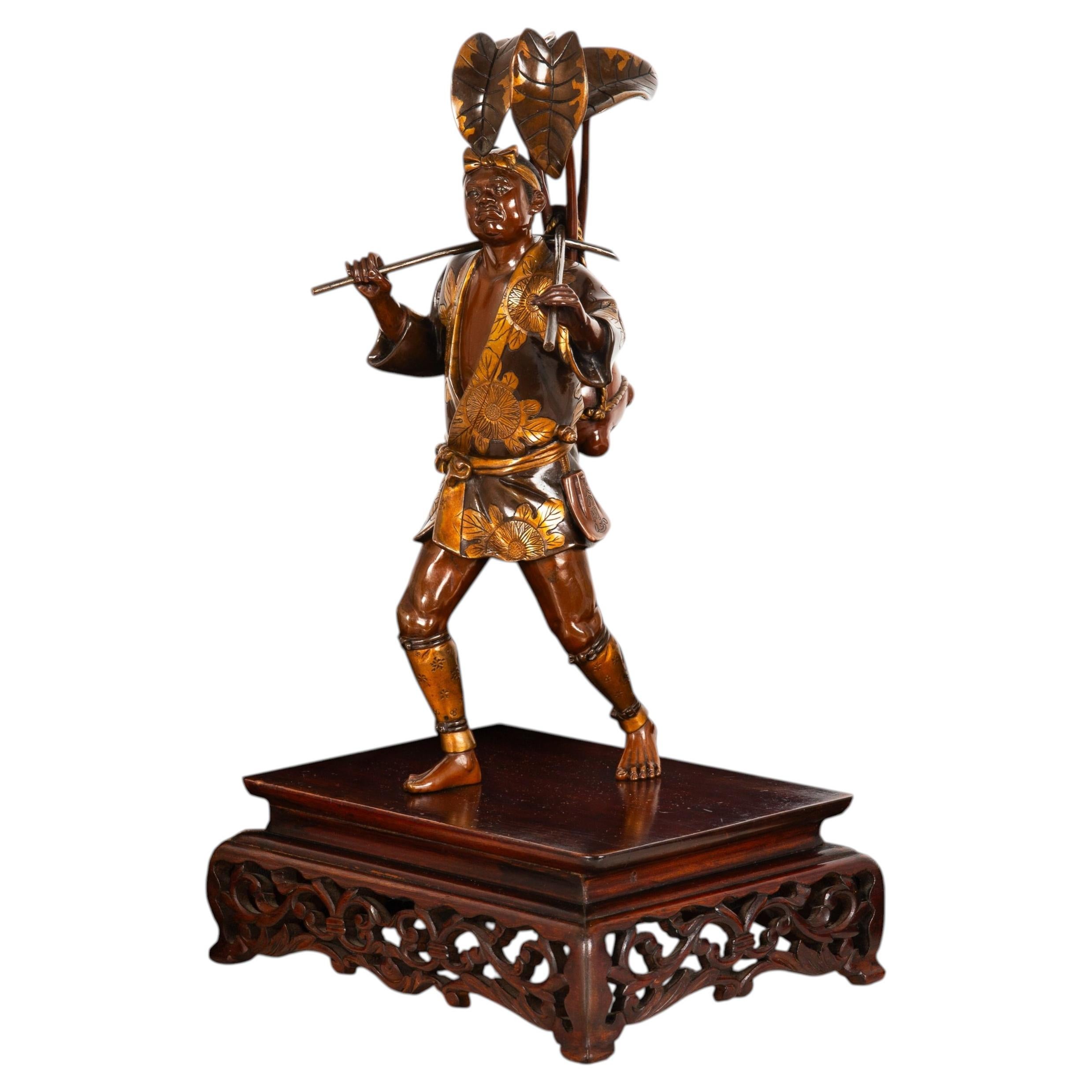 Fine Japanese Meiji Period Bronze Sculpture Okimono of Fire Watchman
