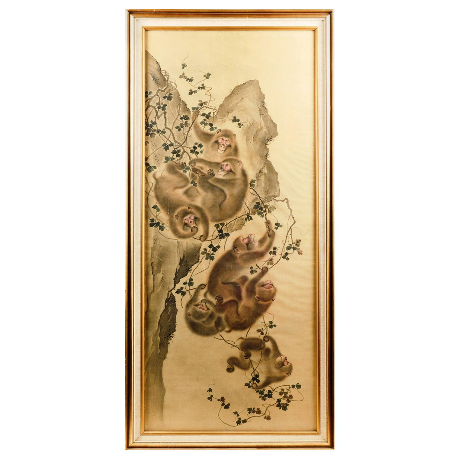 Belle aquarelle de singes de la période Meiji sur soie