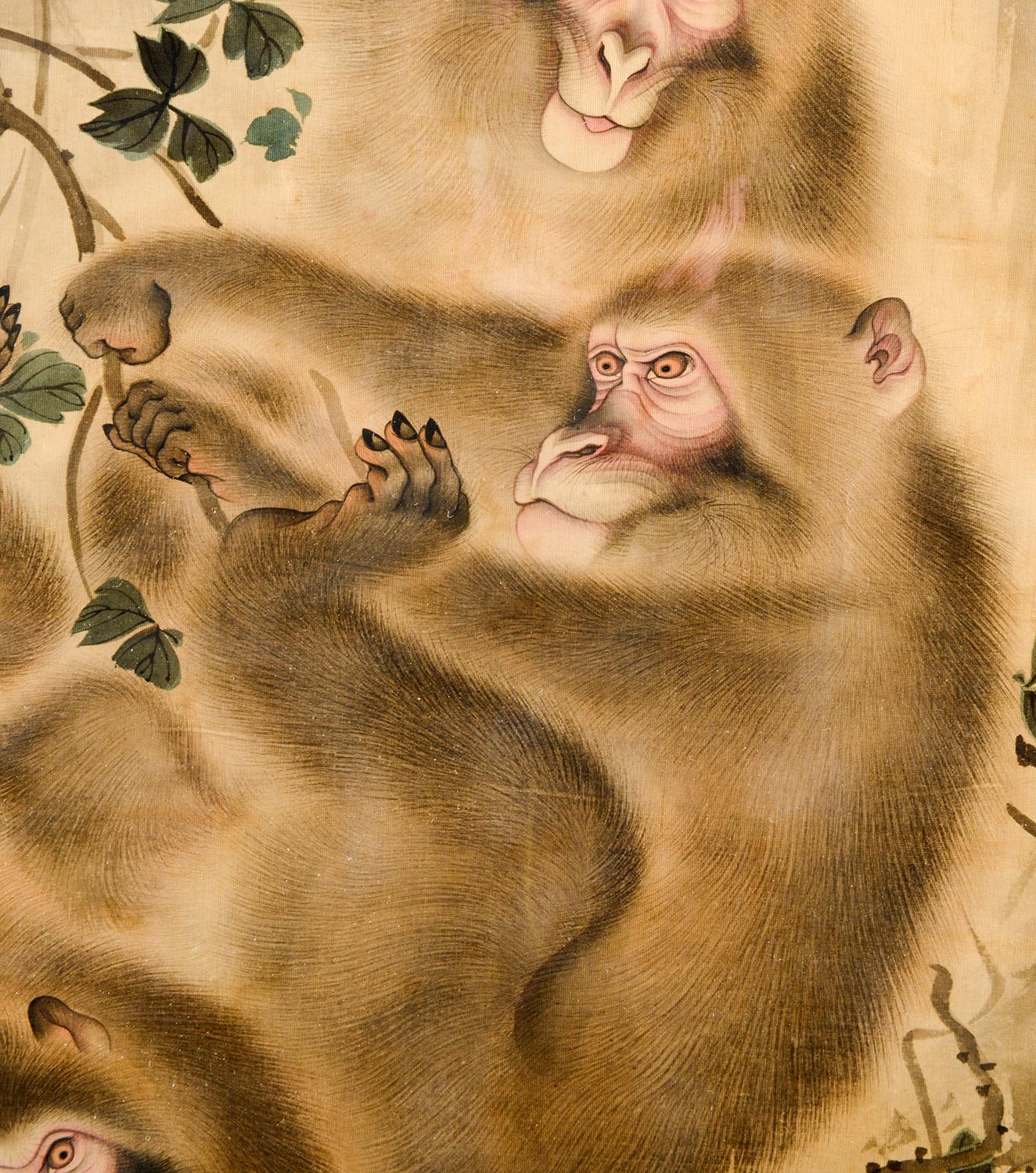 Japonisme Fine Japanese Meiji Period Water Color on Silk of Monkeys For Sale