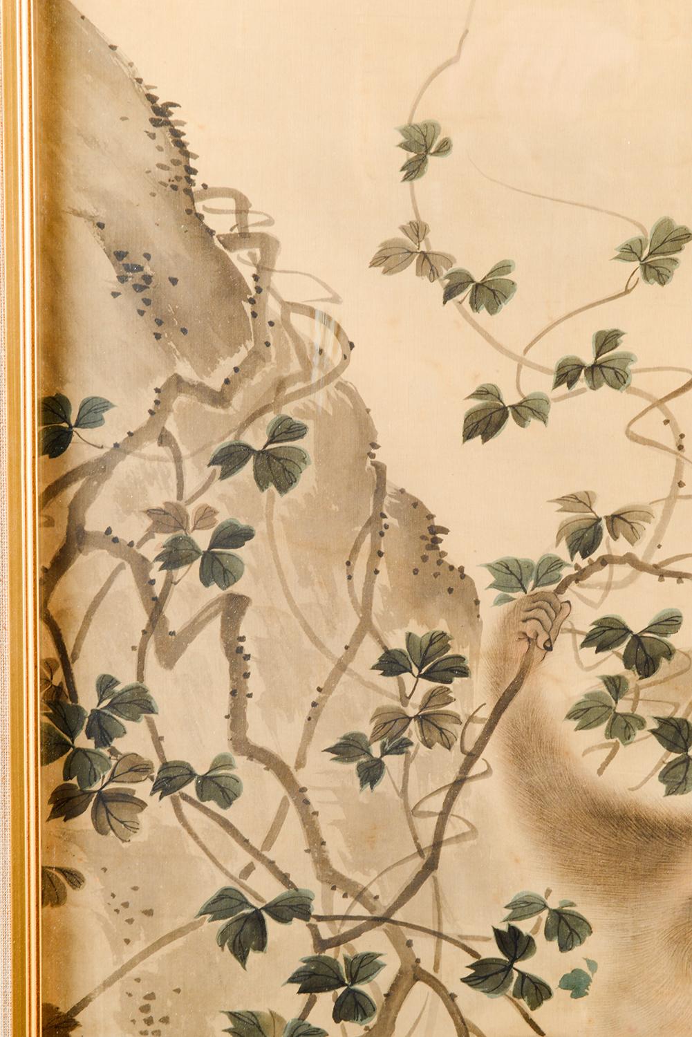 Feines japanisches Aquarell auf Seide aus der Meiji-Zeit mit Affen (Japanisch) im Angebot