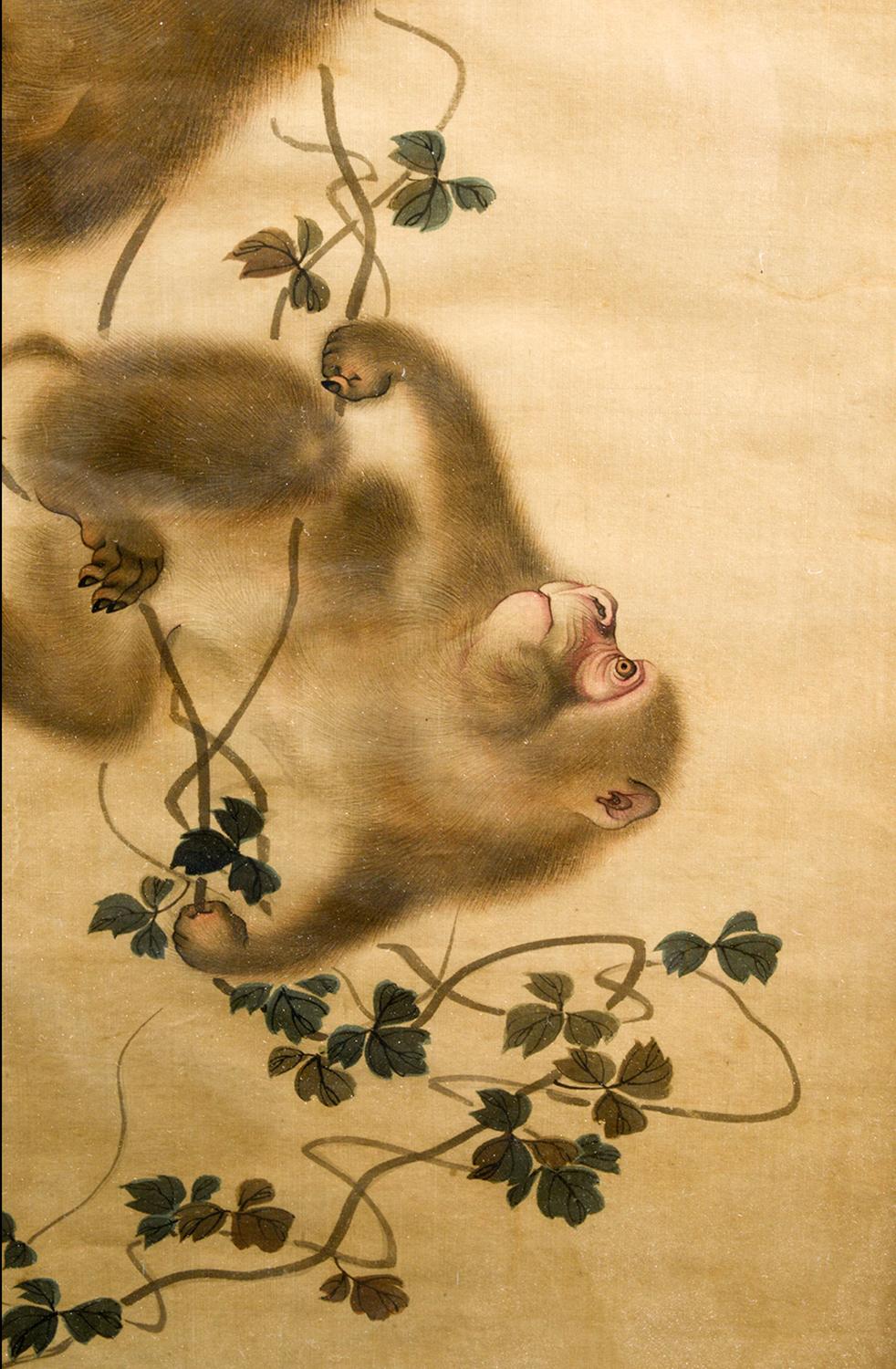 Feines japanisches Aquarell auf Seide aus der Meiji-Zeit mit Affen (19. Jahrhundert) im Angebot