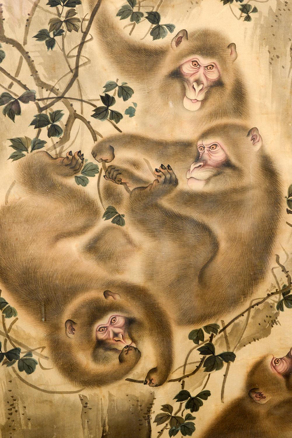 Feines japanisches Aquarell auf Seide aus der Meiji-Zeit mit Affen im Angebot 1