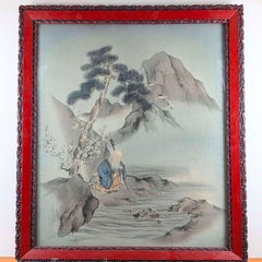 Fine Japanese Meiji Silk Panel of Jurōjin in Carved Cinnabar Lacquer Frame