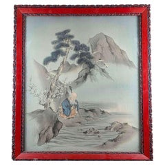 Fine Japanese Meiji Silk Panel of Jurōjin in Carved Cinnabar Lacquer Frame
