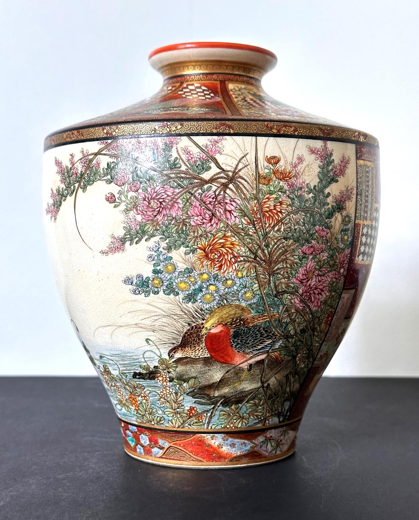 A finely decorated Japanese satsuma ceramic vase by Ryozan Okamoto (c.1820s-1910s) for Yasuda. Ryozan is the head artist working for Yasuda company, a Japanese ceramic makers and dealers established in Kyoto in 1896 by brothers, Gensei and