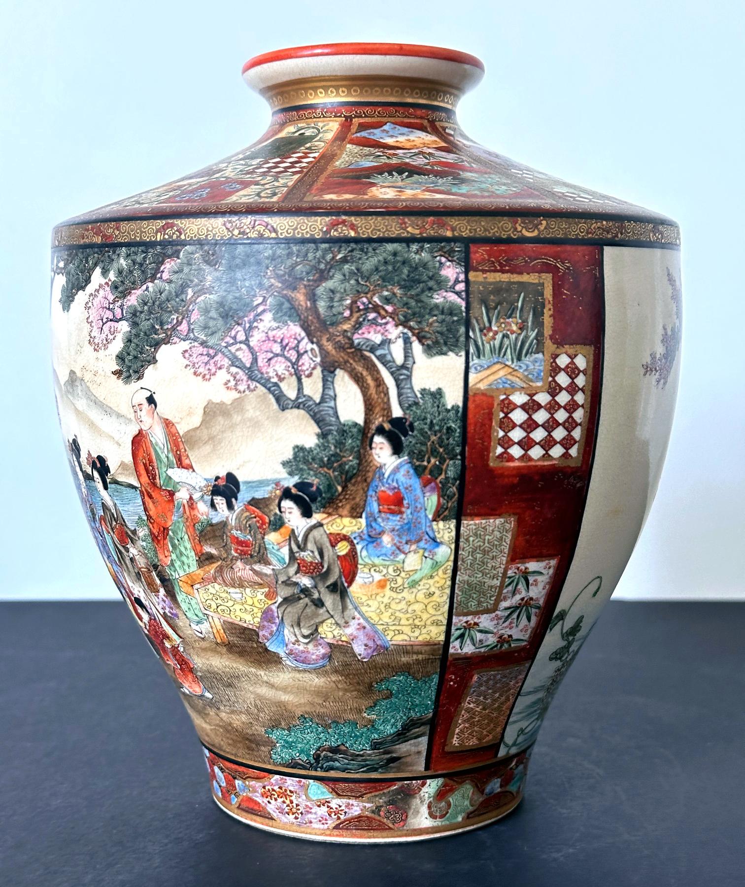 Ceramic Fine Japanese Satsuma Vase by Ryozan Okamoto for Yasuda Company Meiji Period For Sale