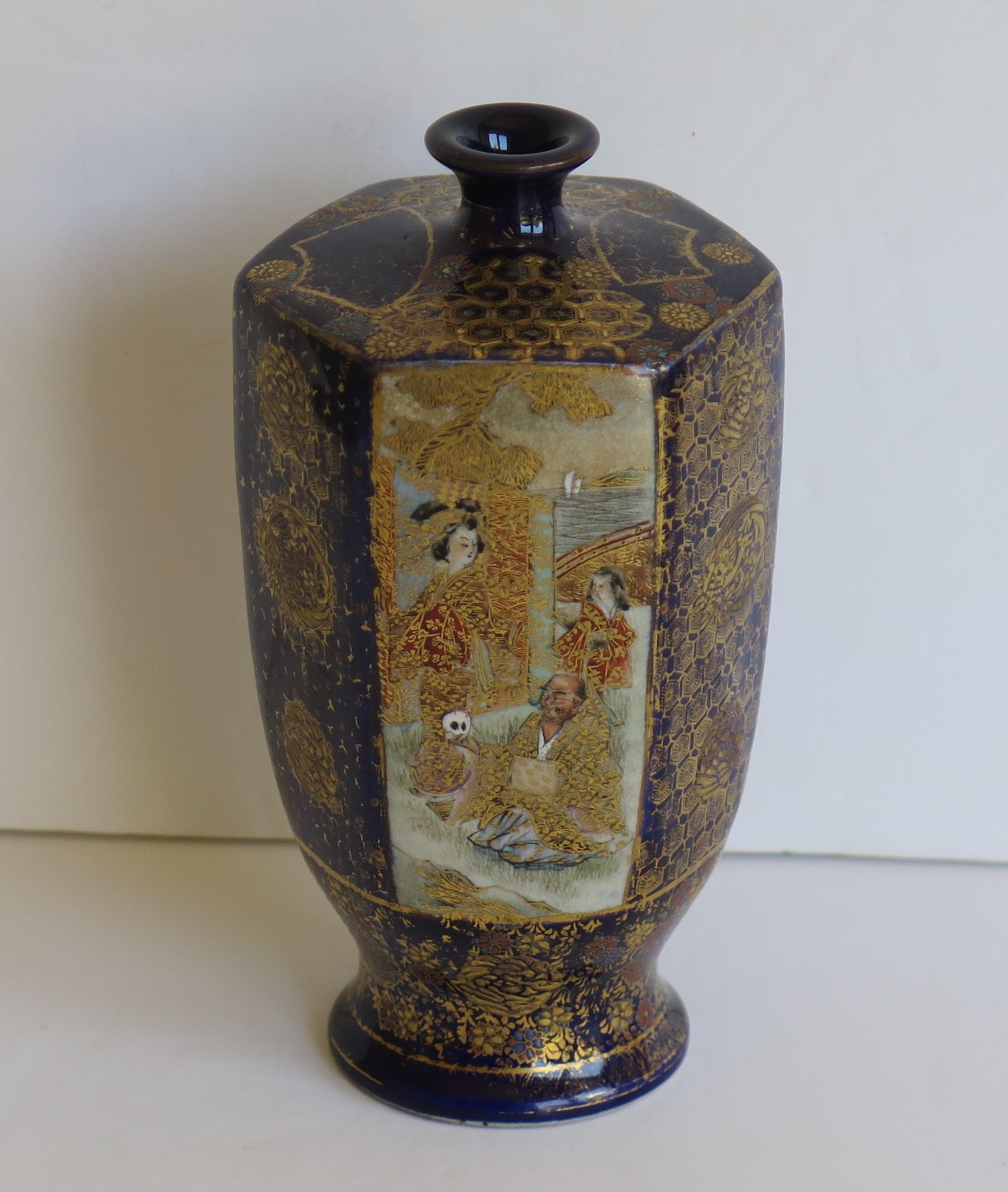 This is a very good quality Earthenware Japanese Satsuma vase, beautifully hand decorated and from the Meiji period, circa 1875.

The vase has a hexagonal shape raised on a circular foot, with a sharp shoulder and a small neck and mouth.
The vase