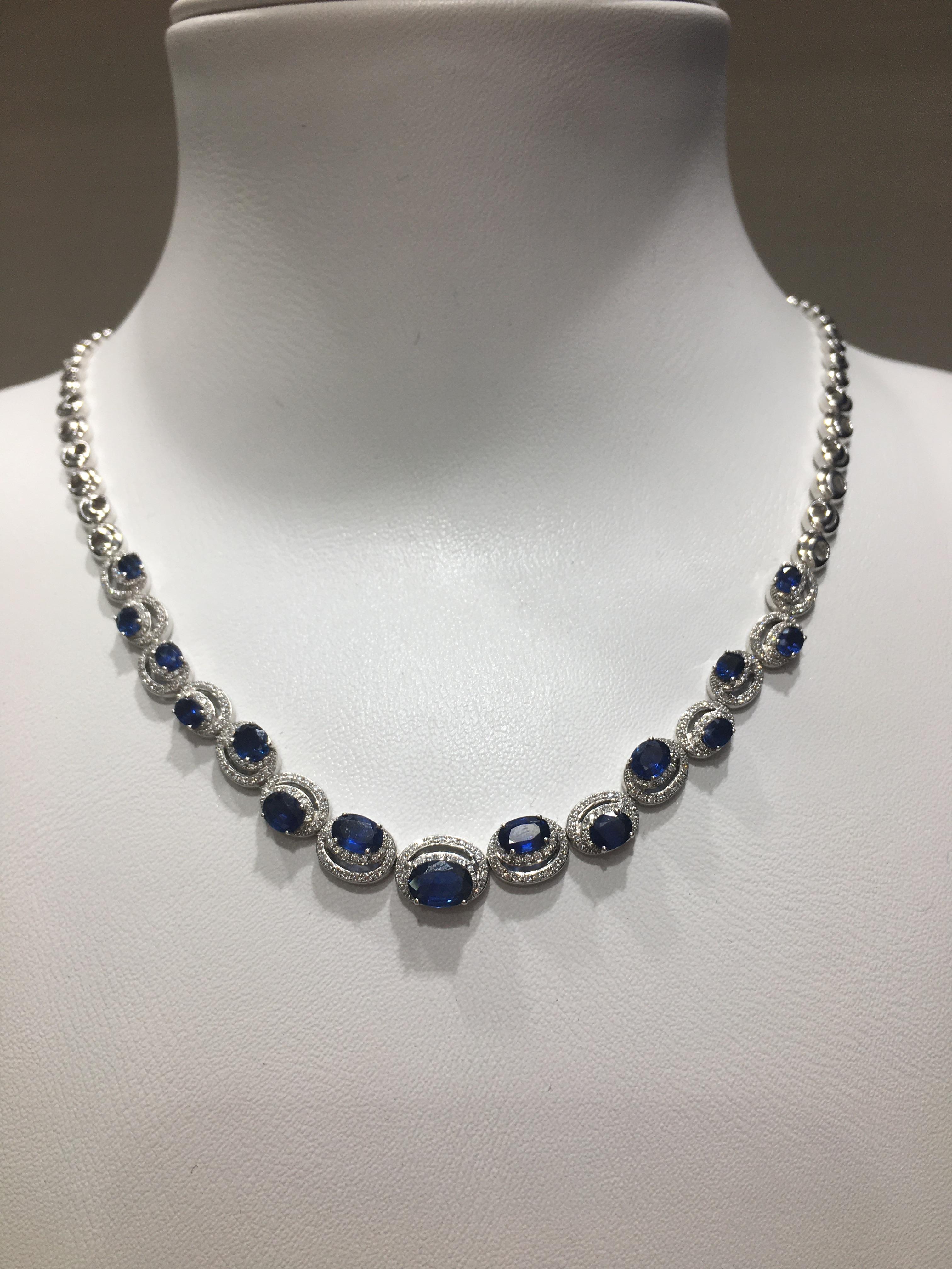 White Gold 14K Necklace 
Weight 21.37 gram
Length 42 cm 
Diamond 320-Round 57-0,89-4/5A
Blue Sapphire 15--5,12 Т(4)/2A

With a heritage of ancient fine Swiss jewelry traditions, NATKINA is a Geneva based jewellery brand, which creates modern