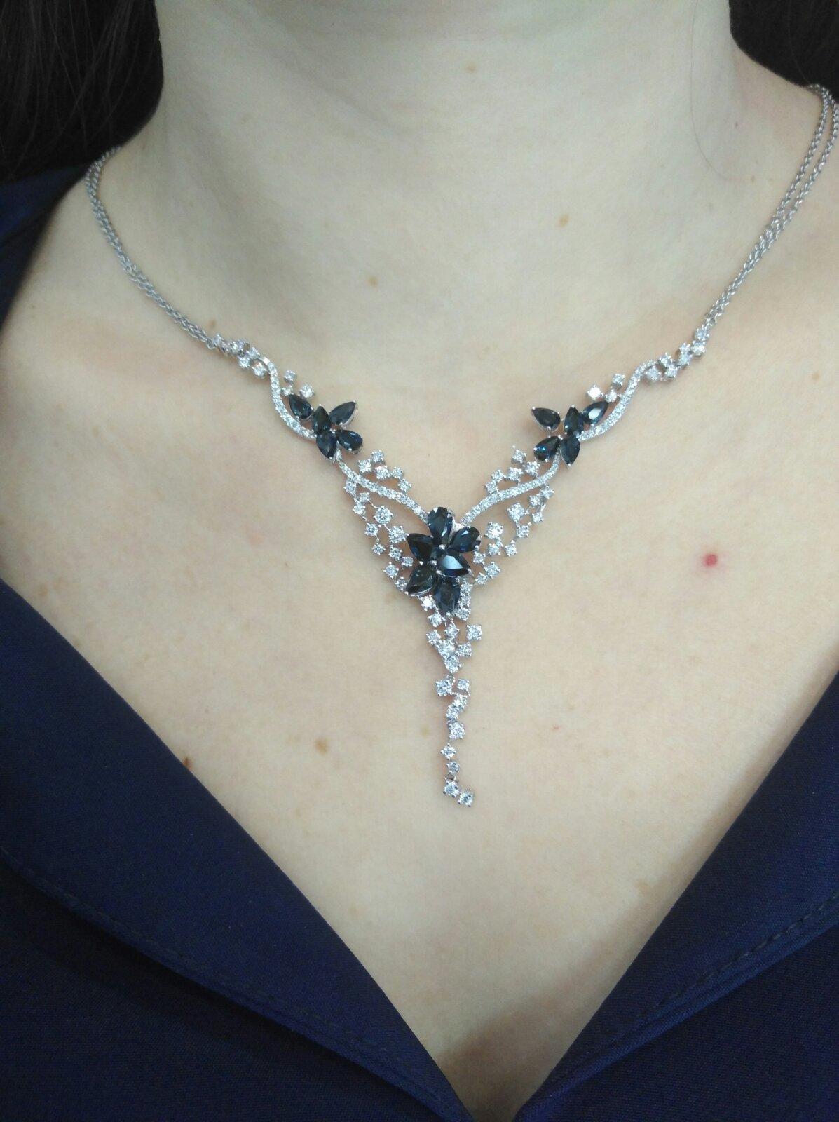 Fine Jewellery Blue Sapphire Diamond White Gold Drop Link Necklace In New Condition For Sale In Montreux, CH