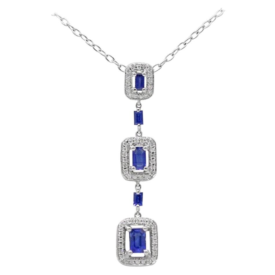 Fine Jewellery Blue Sapphire Diamond White Gold Drop Link Necklace For Sale