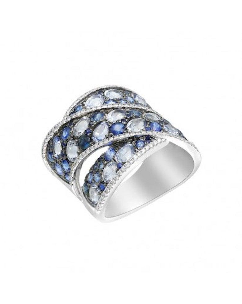 Modern Fine Jewellry Blue Sapphire Diamond 18 Karat White Gold Ring For Sale