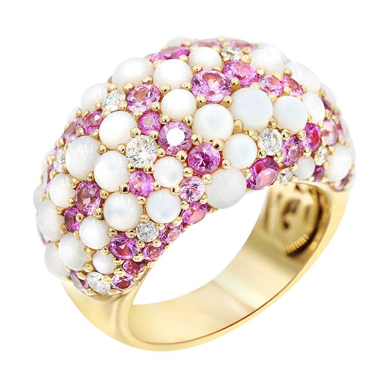 Fine Jewellry Pink Sapphire Diamond Nacre 18 Karat Yellow Gold Ring For Sale