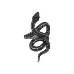 Fine Jewelry Sleek Black Diamond Serpent 18 Karat White Gold Statement Ring