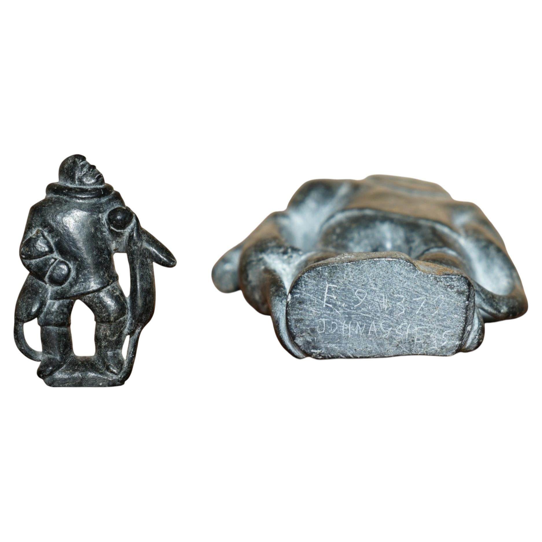 FINE JOANASSIE SMITH SIGNED SERIAL NUMBERED INUIT ESKiMO HUNTER SOAPSTONE STATUE For Sale